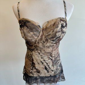 Brown and tan camisole with lace ruffled bottom.